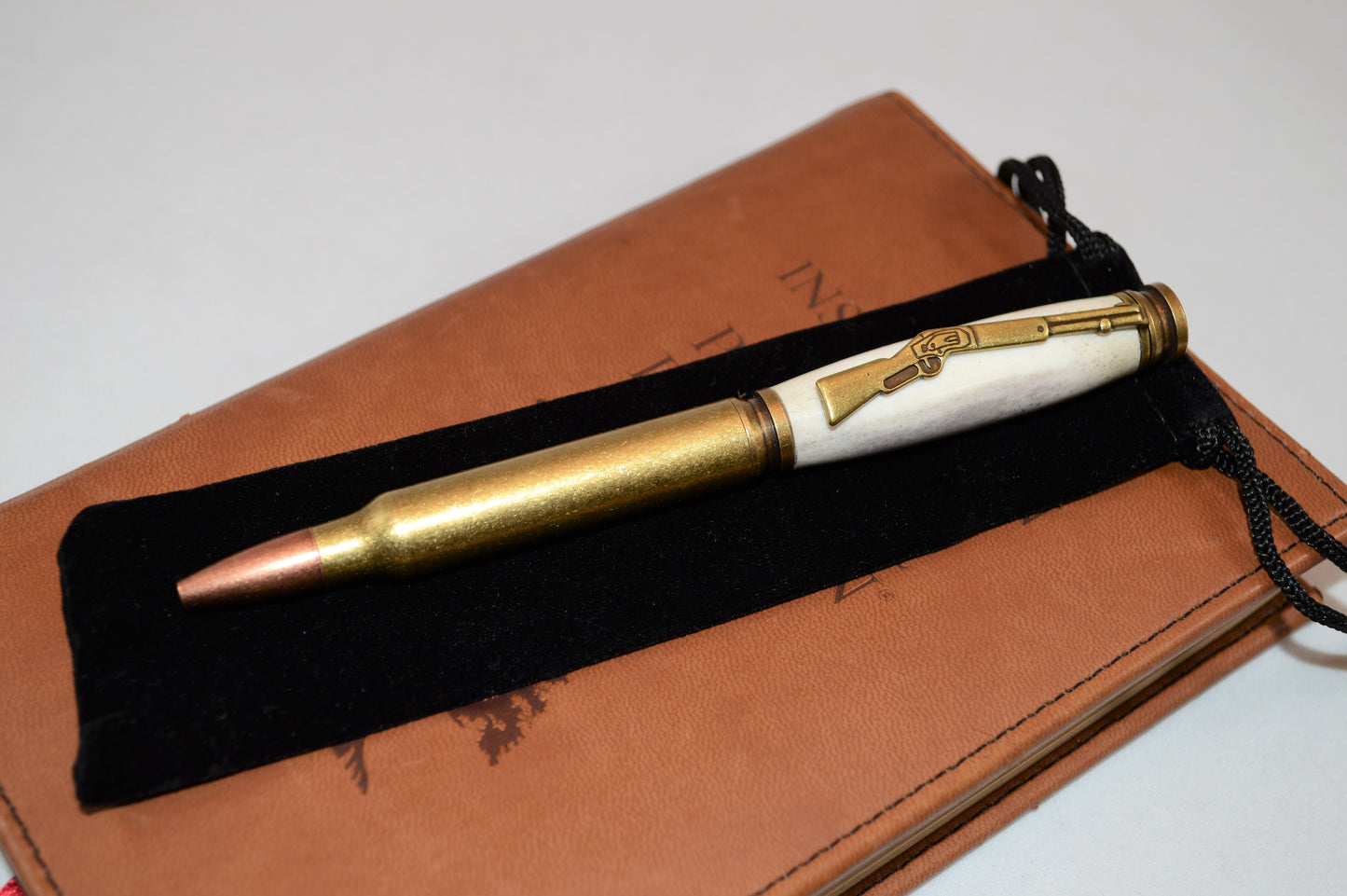 Deer Antler Bullet Cartridge Twist Pen in Antique Brass Finish with Velvet Gift Bag
