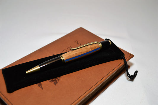 Thin Blue Line Twist Pen in Oak With a Antique Brass and Black Finish