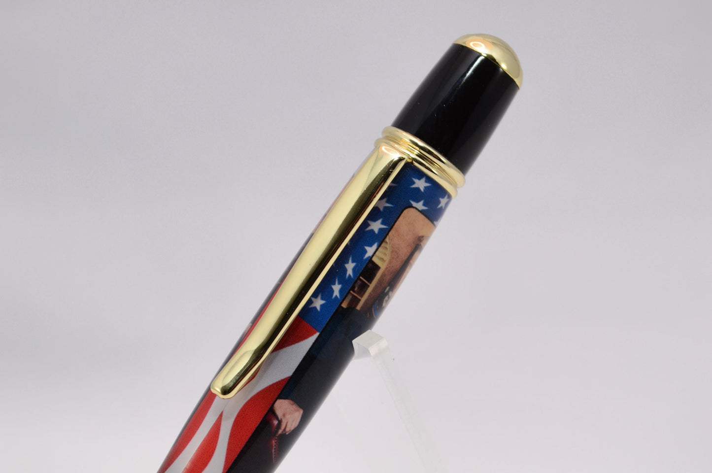 Handcrafted Pen Featuring Donald Trump Tie Fragment and White House Wood Cast in Acrylic.