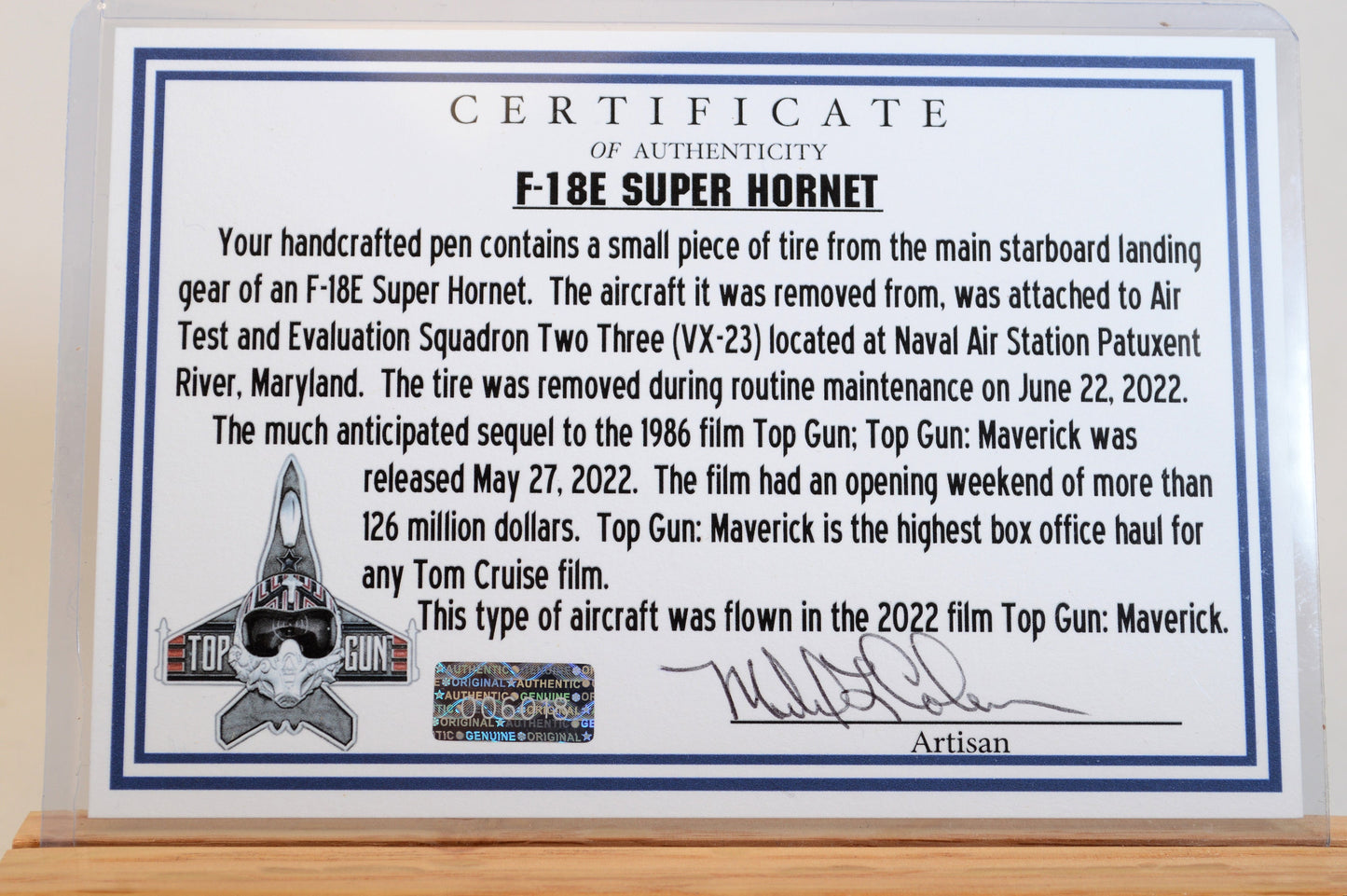Handcrafted F-18 Super Hornet Twist Pen Featuring a Piece of Genuine F-18 Tire in Cast in Acrylic