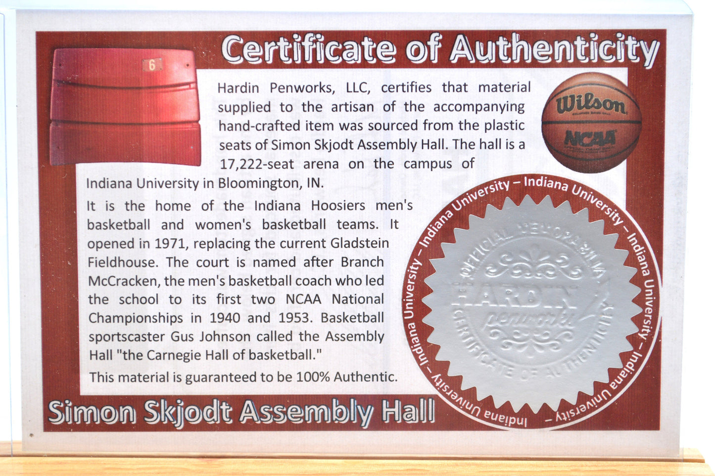 Handcrafted Pen Made From Indiana University Simon Skjodt Assembly Hall Plastic Stadium Seats