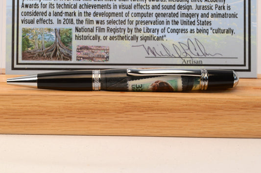 Handcrafted Pen Featuring A Jurassic Park US Postage Stamp & Movie Set Tree Wood Cast in Acrylic