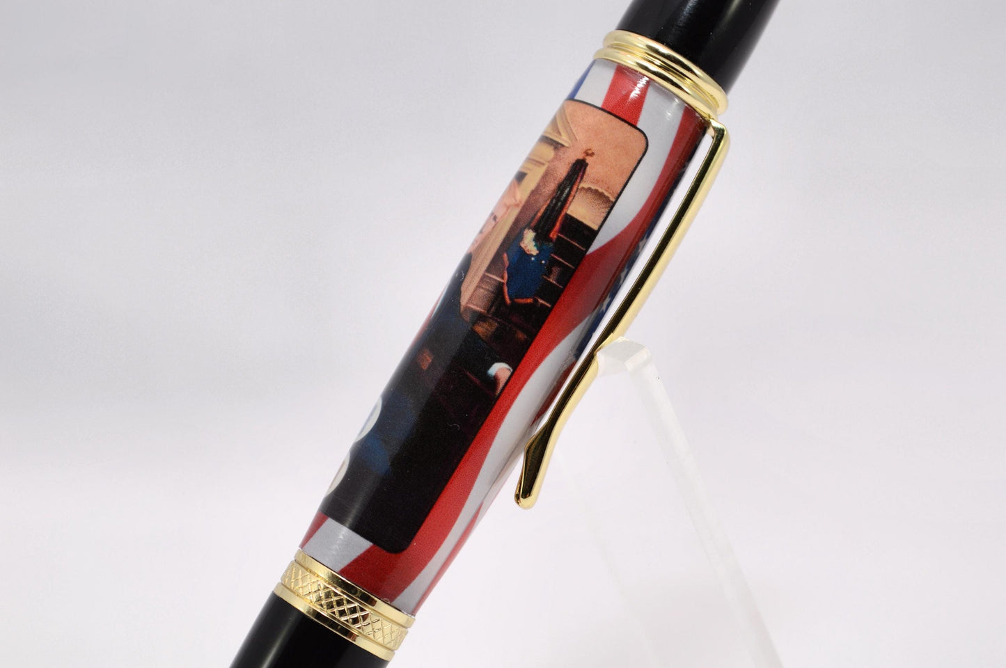 Handcrafted Pen Featuring Donald Trump Tie Fragment and White House Wood Cast in Acrylic.