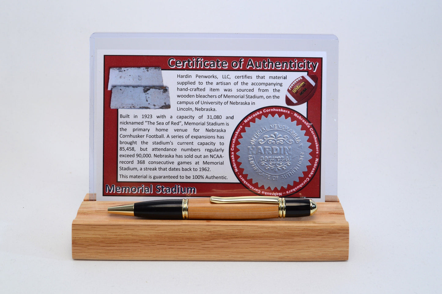 Handcrafted Pen Made From University of Nebraska Memorial Stadium Wooden Stadium Bleachers