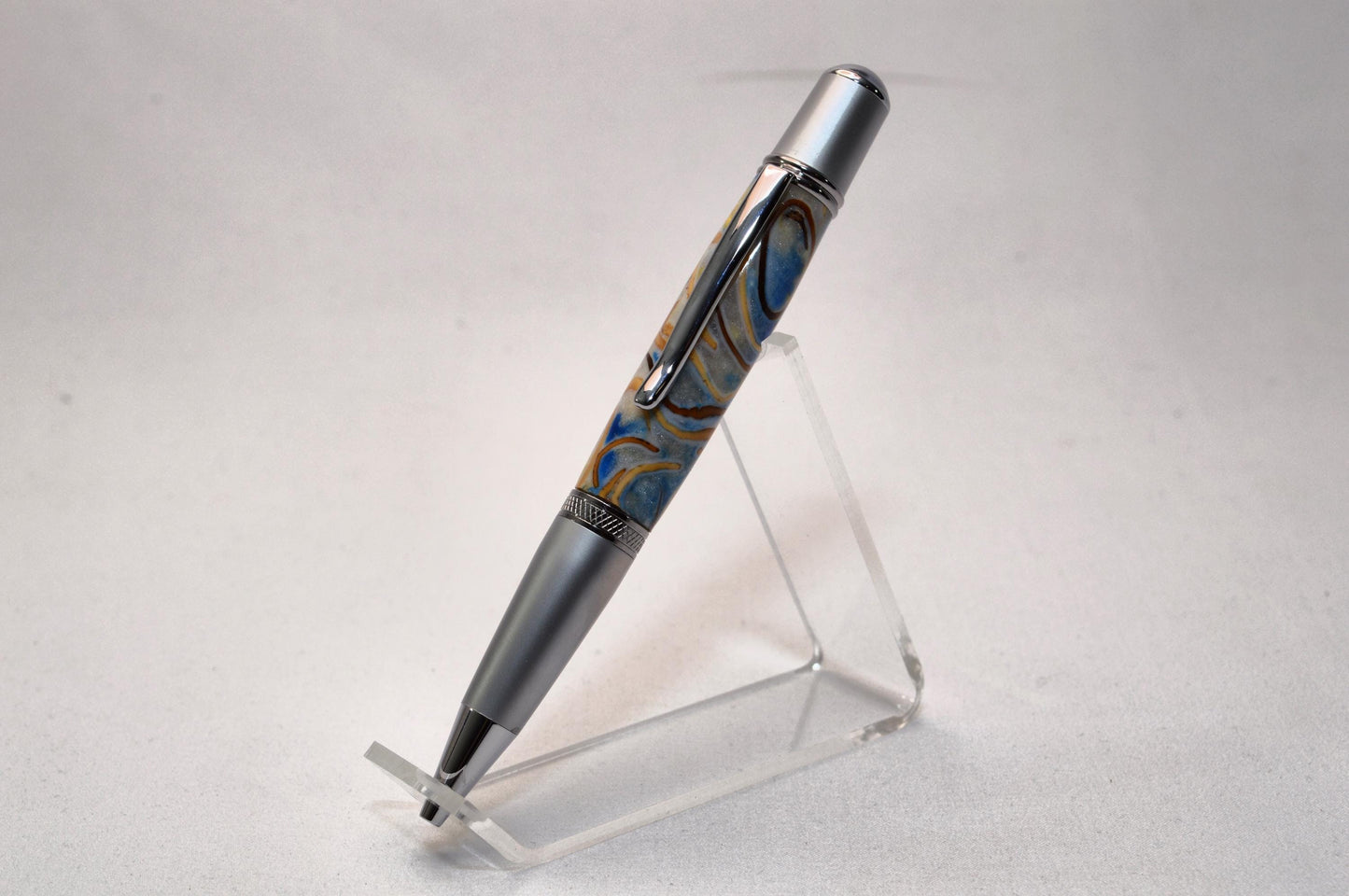 Handcrafted Twist Pen with Pistachio Shell Cast in Acrylic in Chrome and Satin Chrome