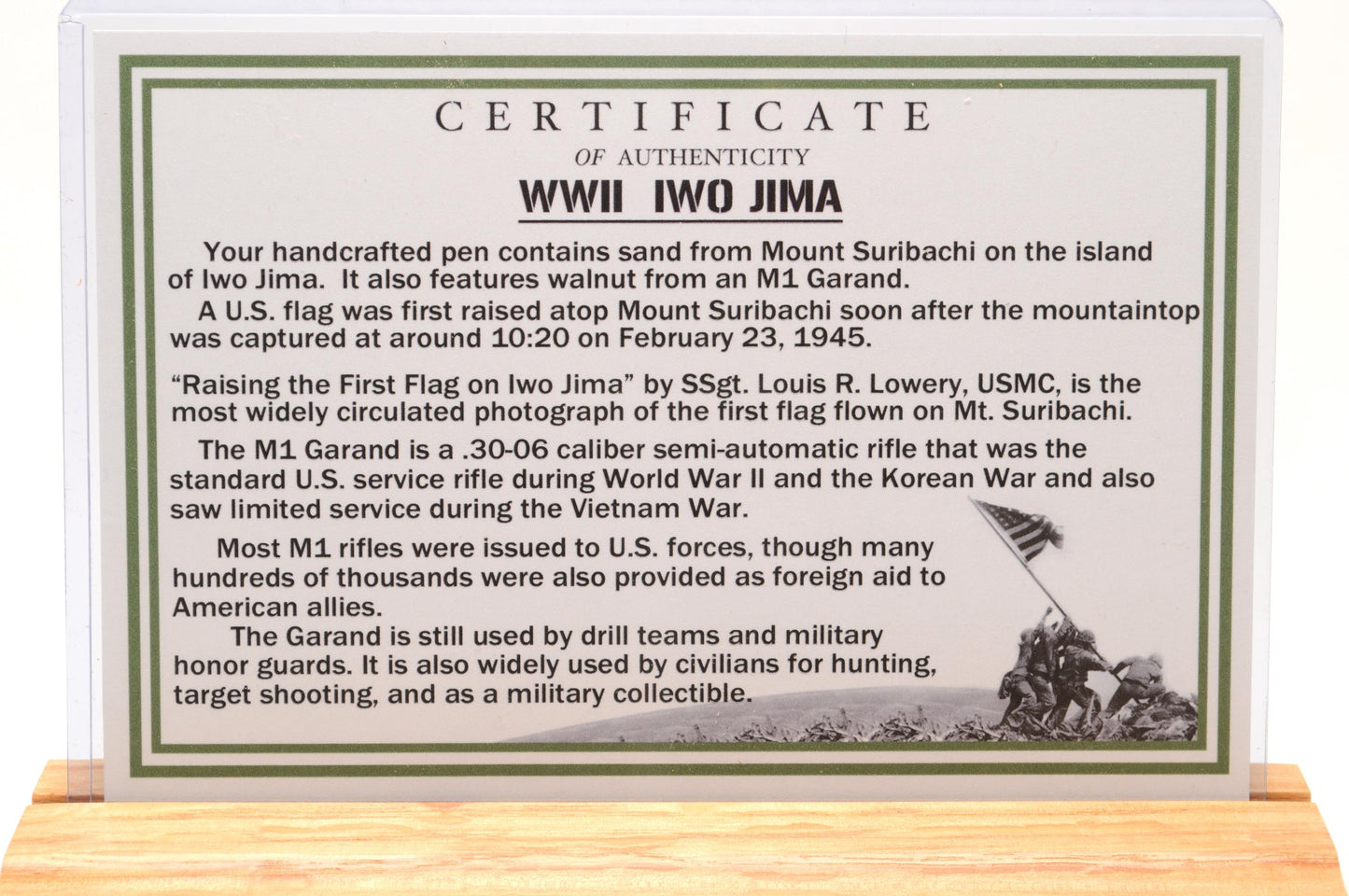 Handcrafted Twist Pen with Sand from Iwo Jima and Wood from M1 Garand Rifle Cast in Acrylic