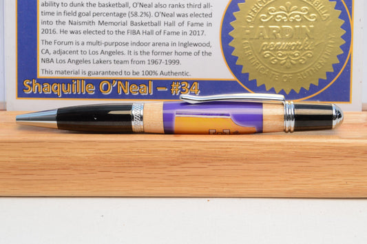 Handcrafted Pen Made With a Swatch from a Shaquille O'Neal Game Used Jersey and Wood from The Forum