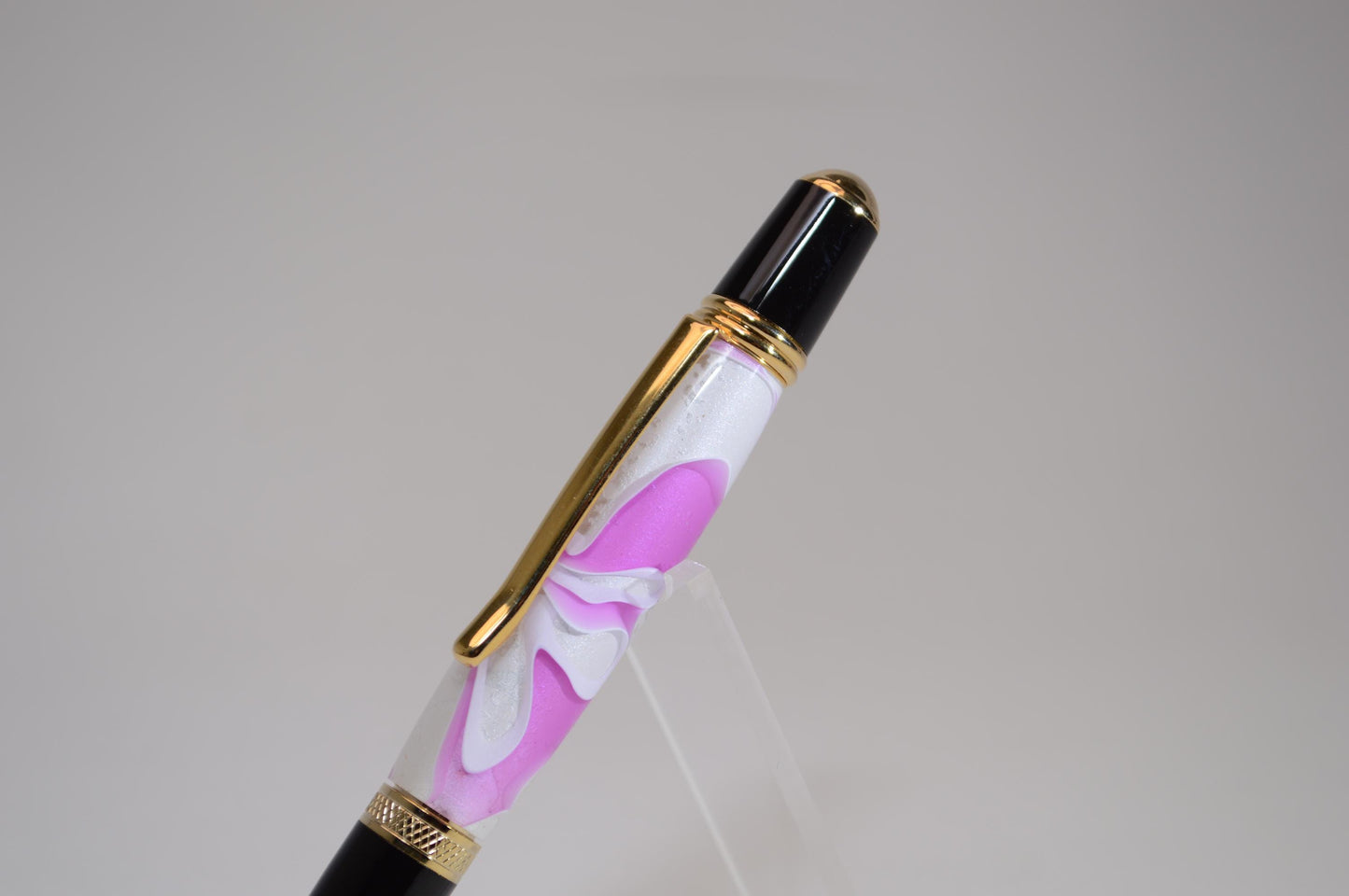 Elegant Handcrafted Twist Pen in Striking Pink/Purple and White Acrylic with Gold and Black Chrome Finish