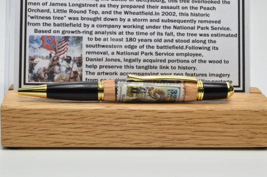 Handcrafted Gettysburg Twist Pen Made With a General Lee U.S. Stamp and Witness Wood in Gold and Black Chrome Finish
