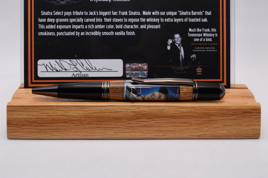 Handcrafted Twist Pen made from Whiskey Barrel and Frank Sinatra Stamp in Gunmetal & Black Chrome Finish