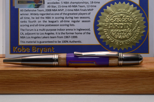 Handcrafted Pen Made With A Piece of A Game Used Basketball Used by Kobe Bryant and Wood From The LA Lakers' Forum Stadium Seat