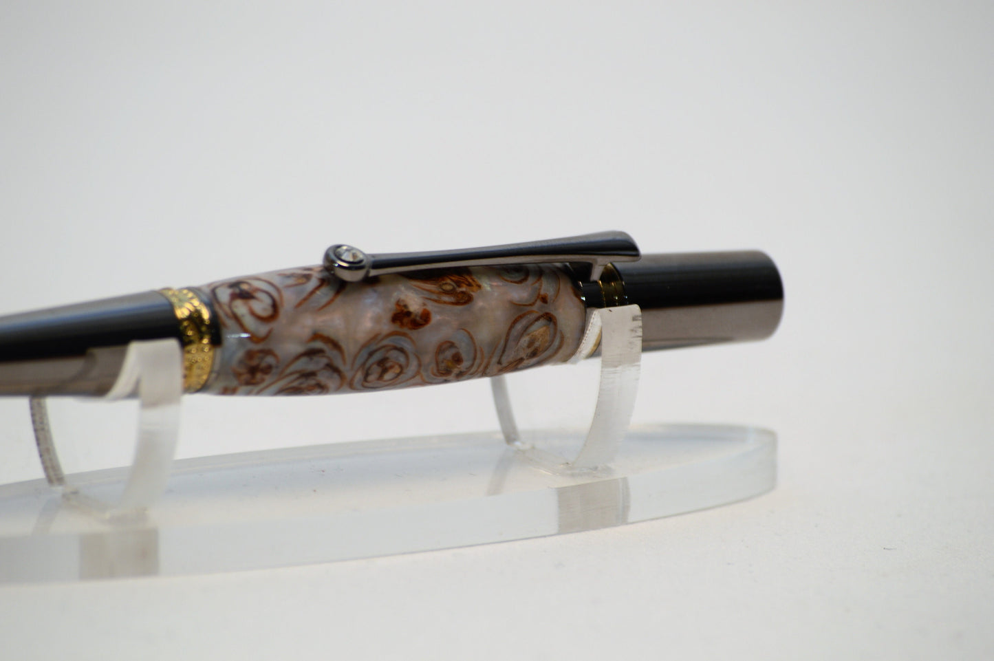 Majestic Squire Twist Pen in Gold Titanium and Black Titanium with Swarovski Crystal with Handcrafted Acrylic and Mini Pine Cone Body.