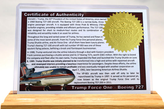 Handcrafted Pen made with a small piece of metal from Donald Trump's Boeing 727 Known as Trump Force One and cast in acrylic.