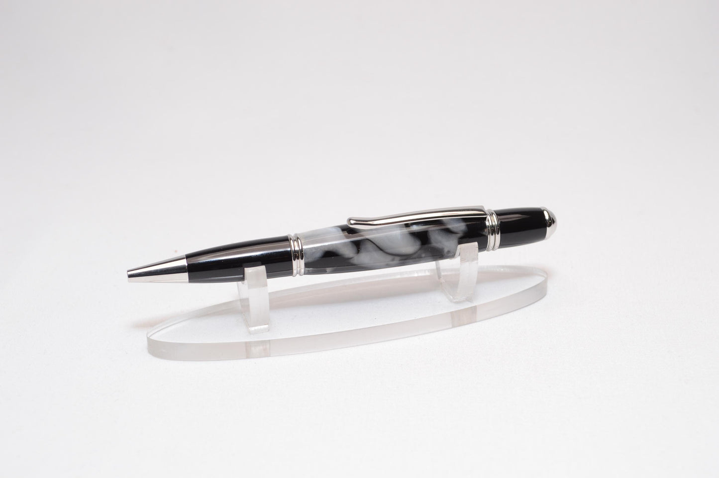 Elegant Handcrafted Twist Pen in Striking Black and White Acrylic with Rhodium and Black Chrome Finish