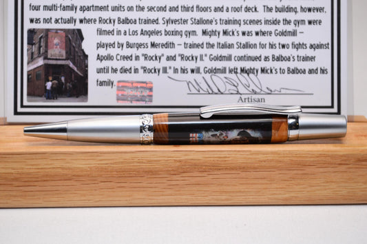 Handcrafted Twist Pen Made with Wood and Brick Sourced from MIcks Gym from the Movie Rocky