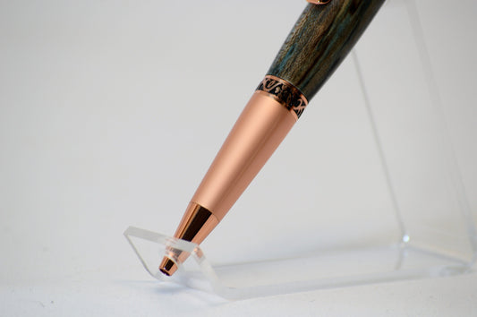 Elegant Twist Pen in Two Tone Copper with Handcrafted Dyed Spalted Oak Body.