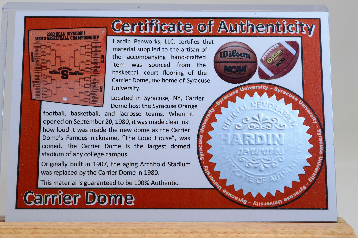 Handcrafted Pen Made From Syracuse University Carrier Dome Wooden Basketball Court
