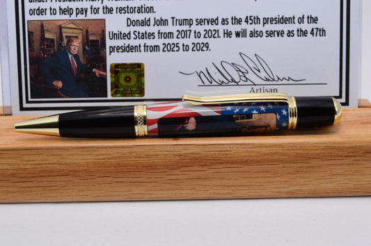 Handcrafted Pen Featuring Donald Trump Tie Fragment and White House Wood Cast in Acrylic.