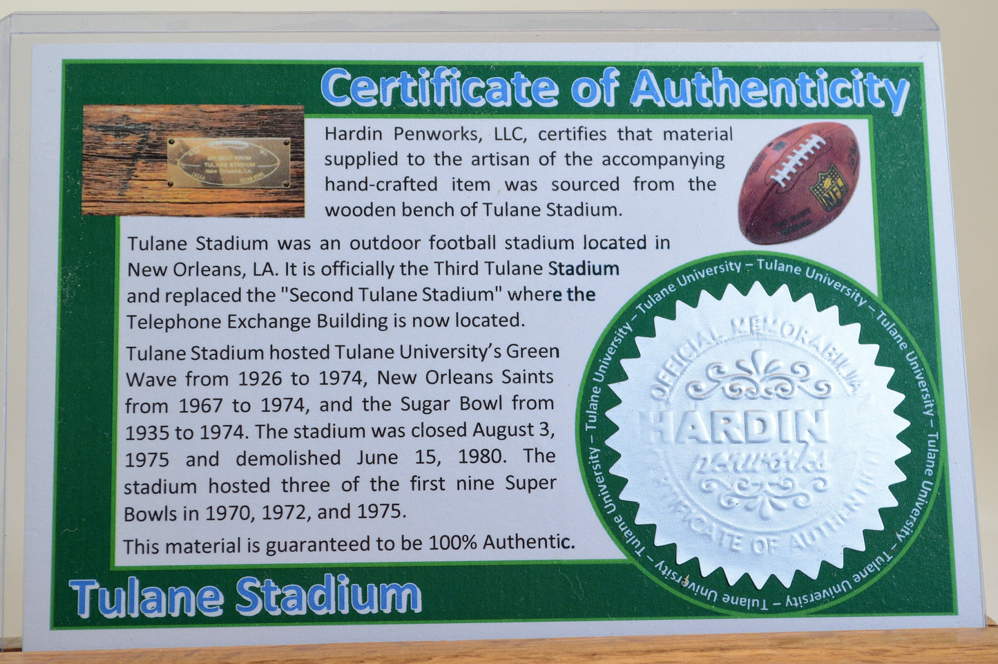 Handcrafted Pen Made From Tulane University Tulane Stadium Wooden Stadium Seat