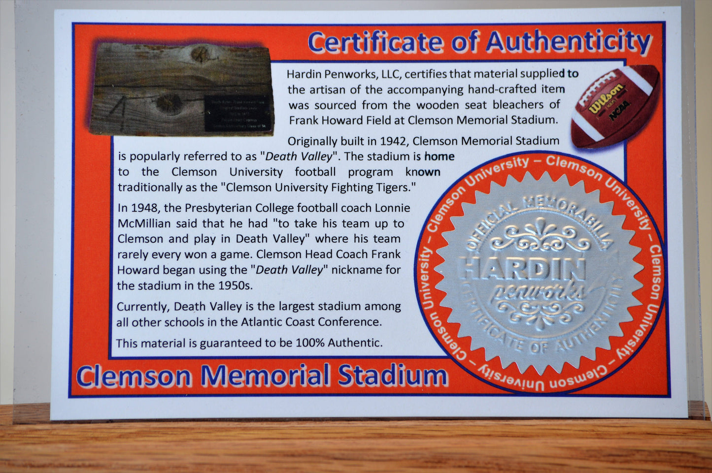 Handcrafted Pen Made From Clemson University Clemson Memorial Stadium Wooden Bleachers