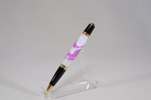 Elegant Handcrafted Twist Pen in Striking Pink/Purple and White Acrylic with Gold and Black Chrome Finish