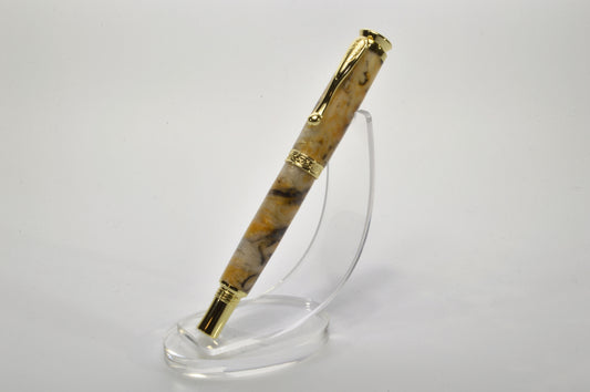 Handcrafted Rollerball Pen in Gold Finish – White, Gold & Black Acrylic Body with Wooden Display Case
