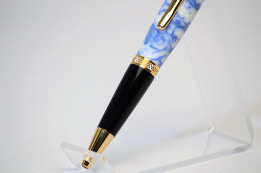 One of a Kind Classic Twist Pen in Gold and Black Chrome with Handcrafted White and Blue Acrylic Body