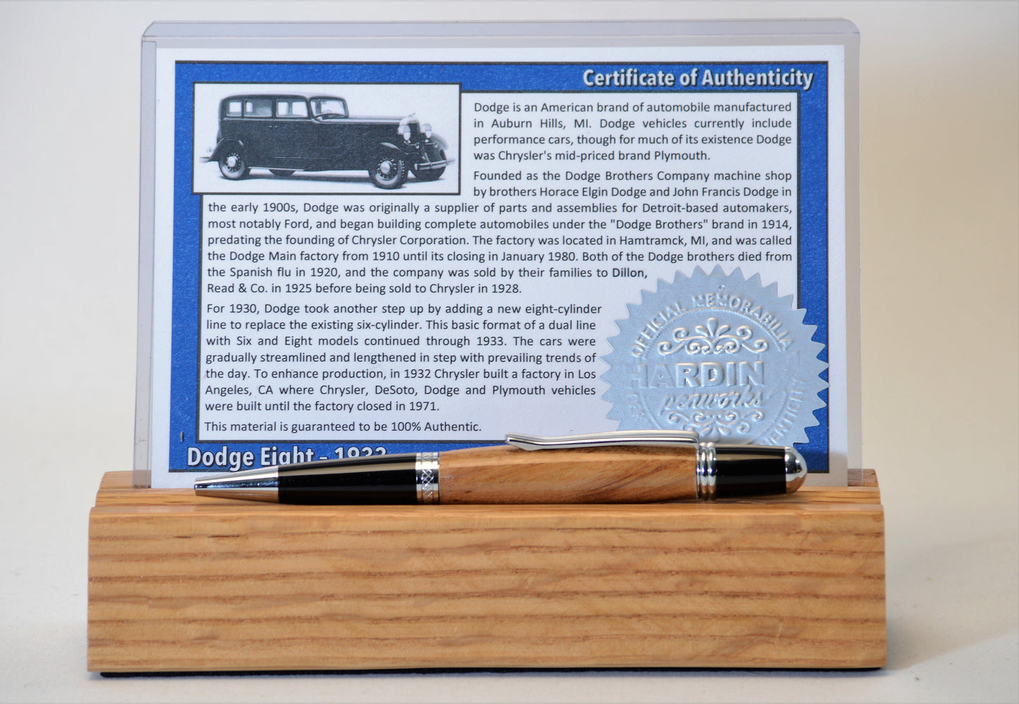 Handcrafted Twist Pen Made From A 1933 Dodge Eight Wooden Hickory Wheel Spoke