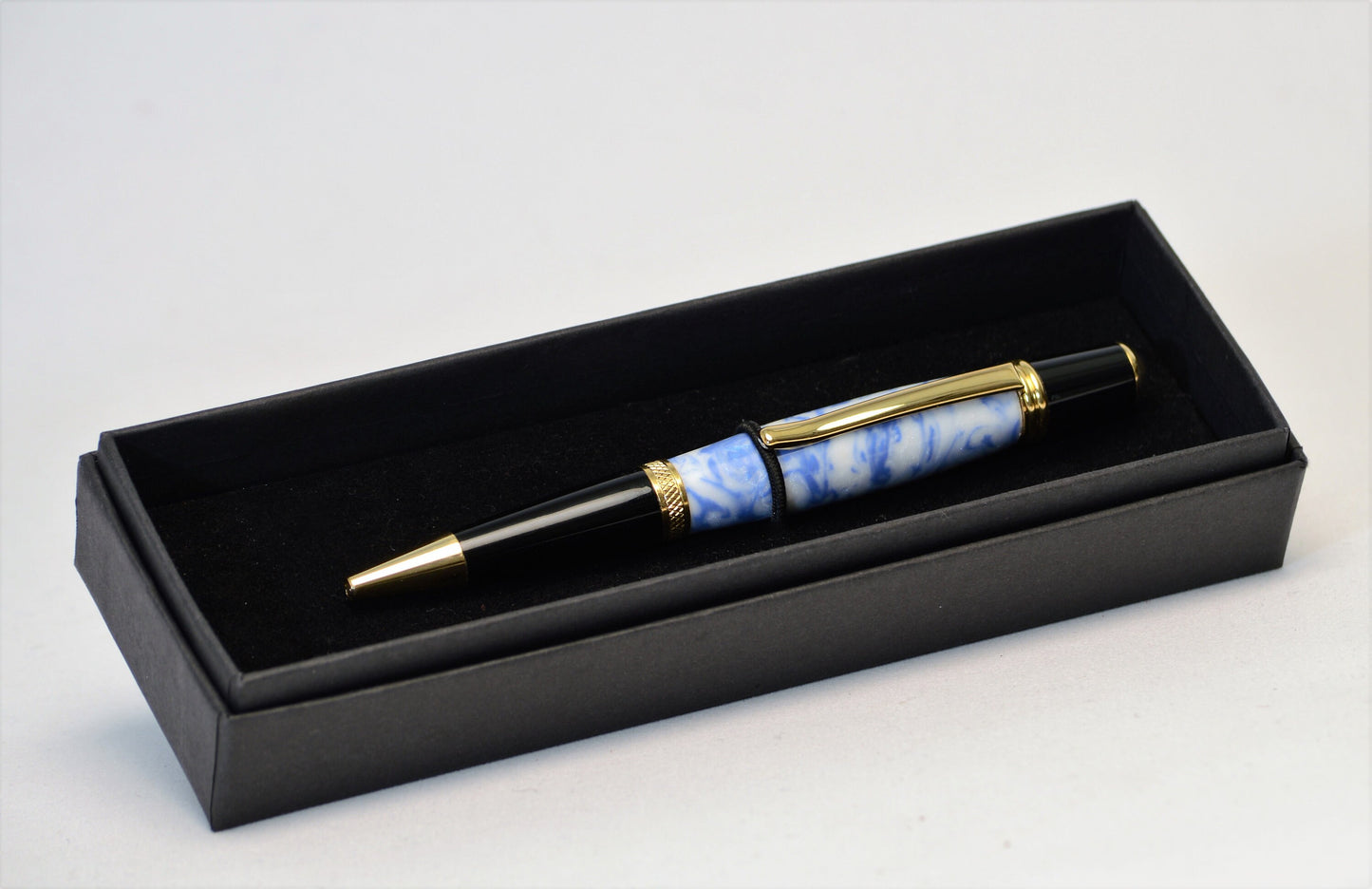 One of a Kind Classic Twist Pen in Gold and Black Chrome with Handcrafted White and Blue Acrylic Body