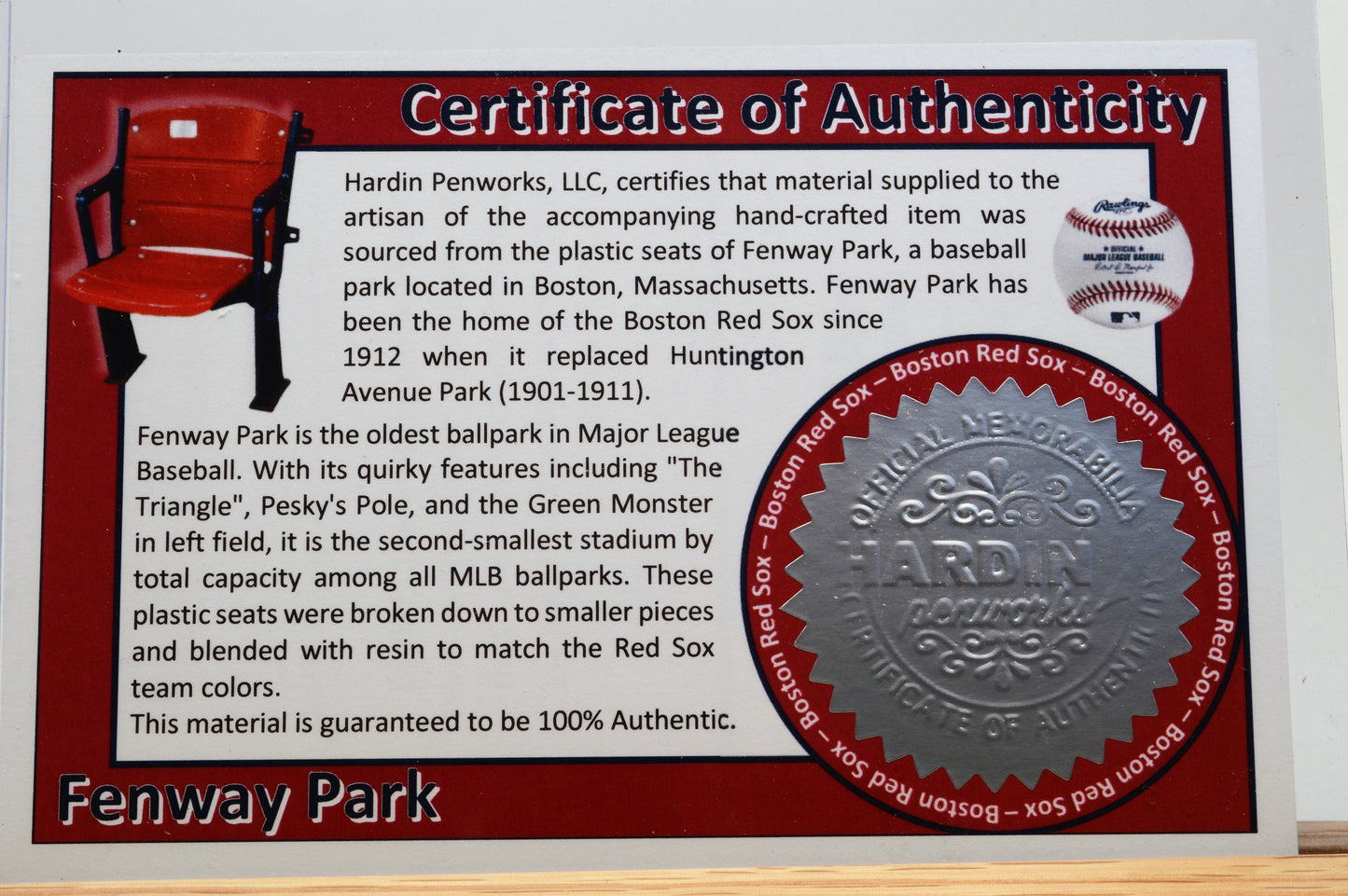 Handcrafted Pen Made From a Boston Red Sox Fenway Park Stadium Seat.