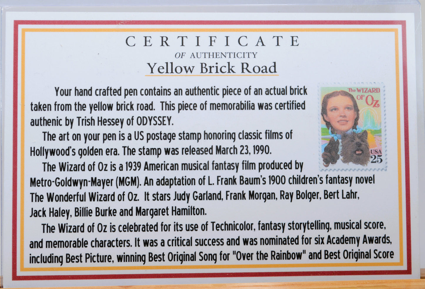 Handcrafted Pen Featuring a Wizard of Oz US Postage Stamp and Actual Yellow Brick Road Brick Fragment