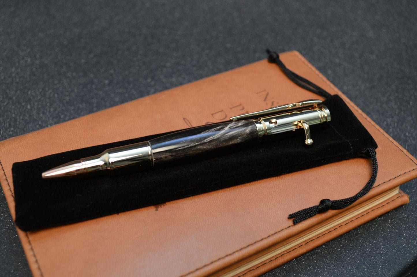 Indian River Buffalo Horn Bolt Action Bullet Pen in Gold Finish with Velvet Pouch