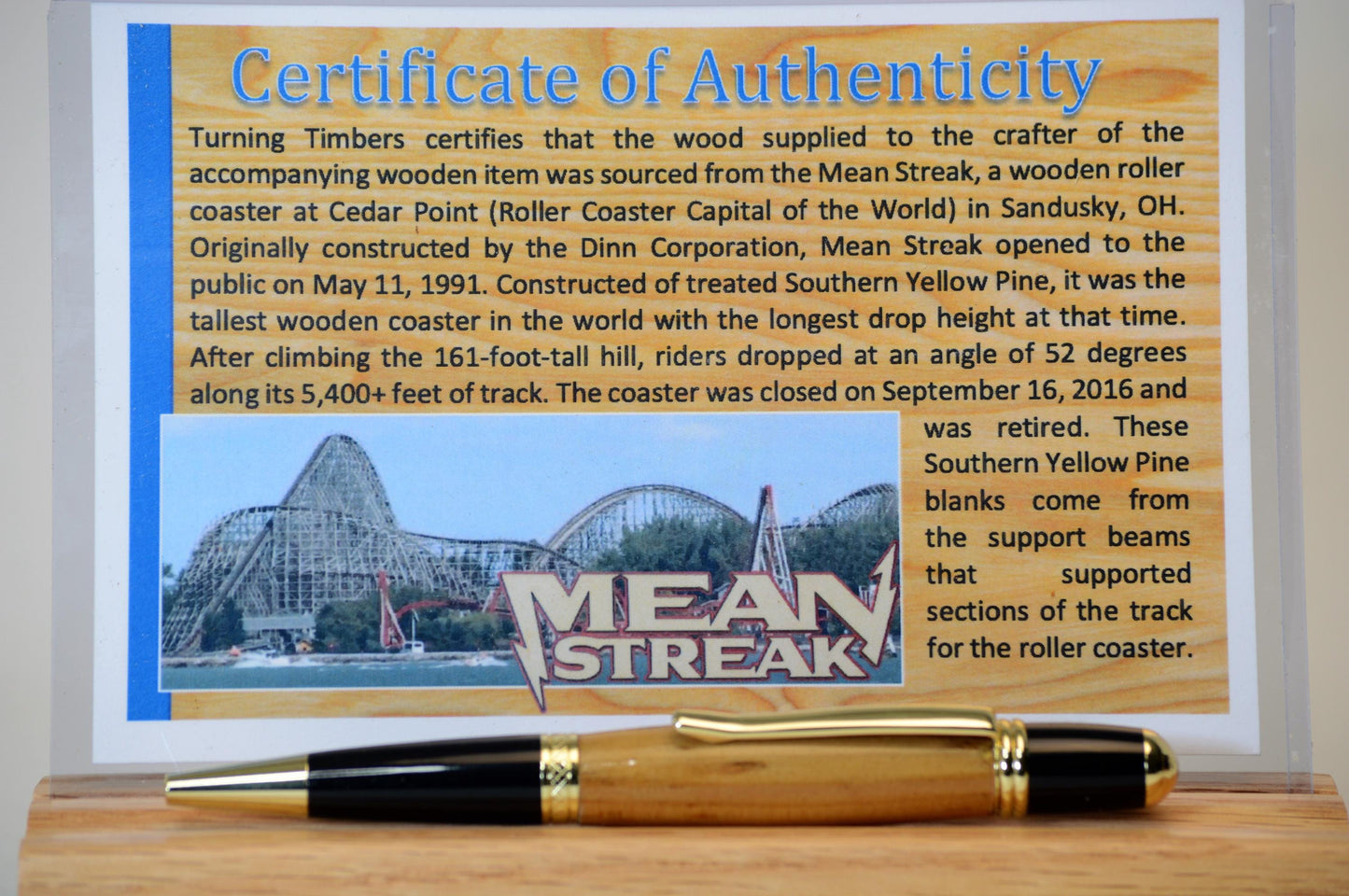 Handcrafted Pen Made From Cedar Point's Mean Streak Wooden Roller Coaster