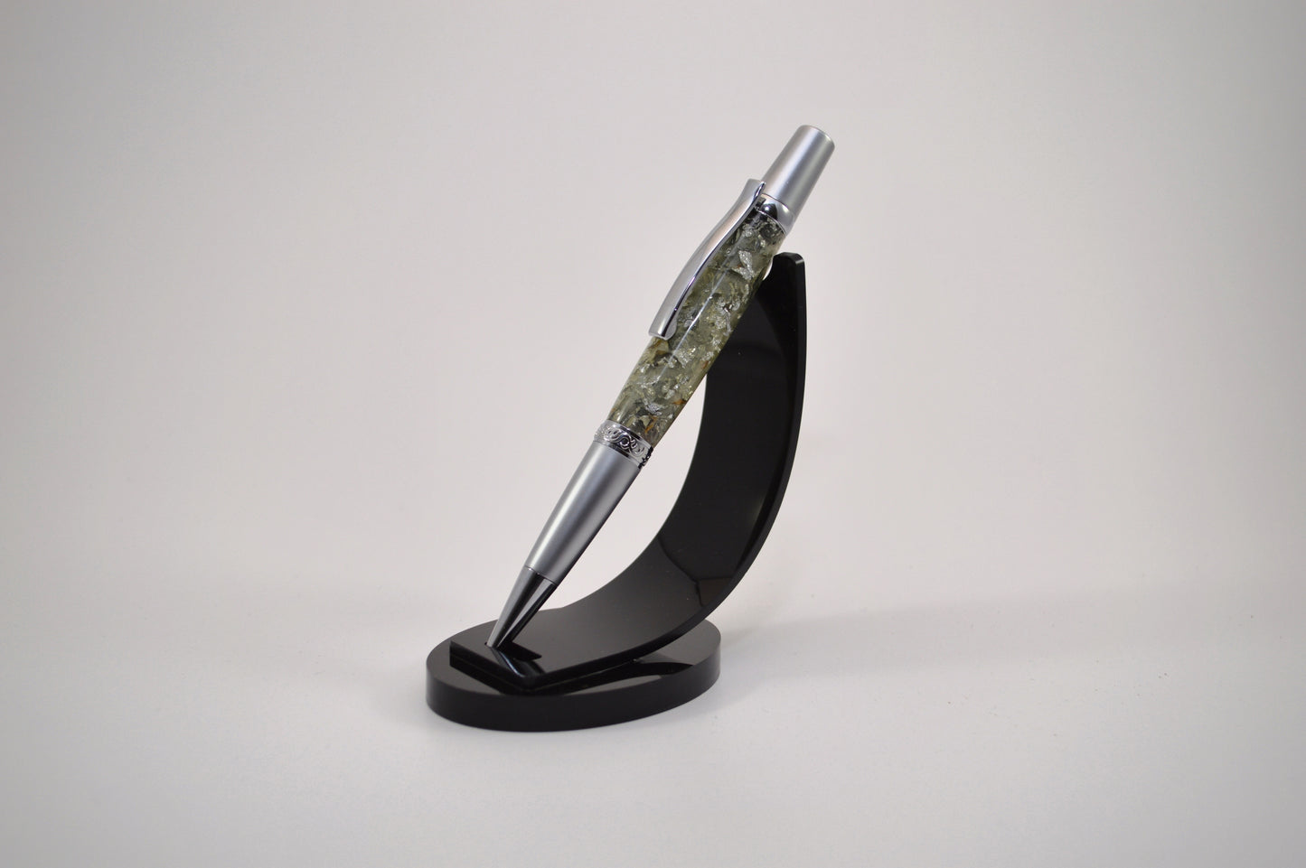 Elegant Satin Chrome and Chrome Twist Pen with Silver & Black Gilding Cast in Clear Acrylic