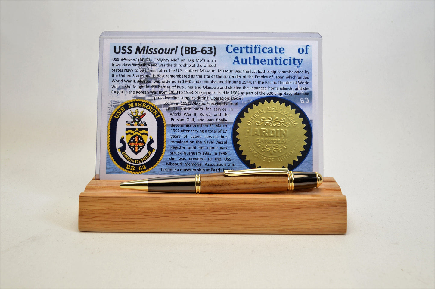 Handcrafted USS Missouri - Classic Gold and Gunmetal Twist Pen Made From Wood From the Battleship USS Missouri.