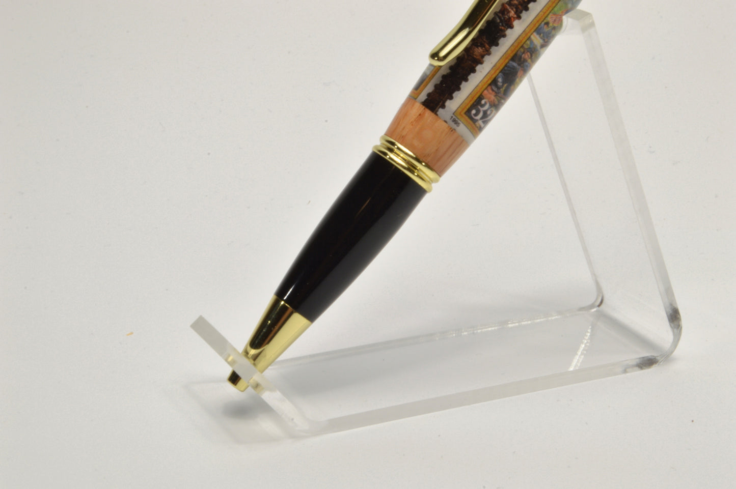 Handcrafted Gettysburg Twist Pen Made With a US Stamp Depicting The Battle of Gettysburg and Witness Wood in Gold and Black Chrome Finish