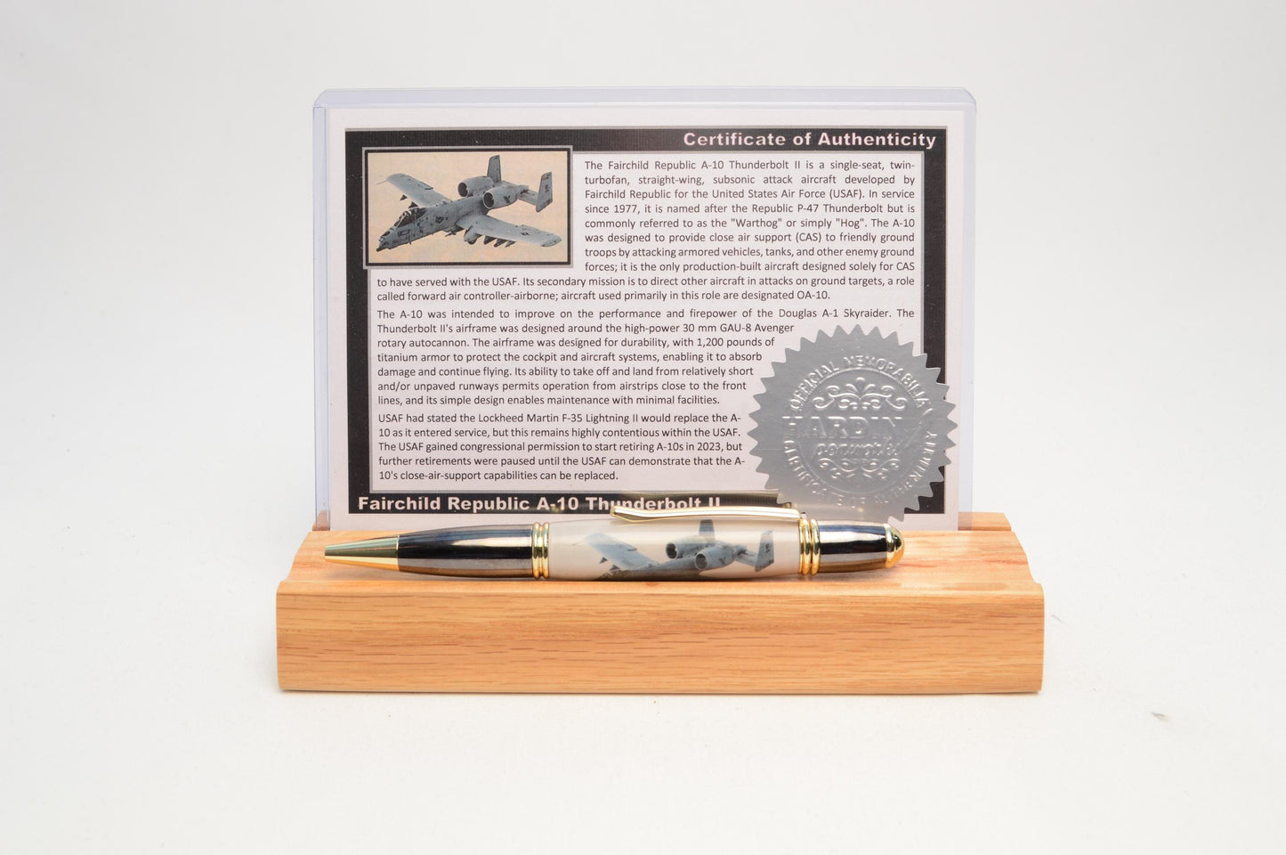Handcrafted Twist Pen Made With a Small Piece of Aluminum From an A10 Warthog cast in acrylic.