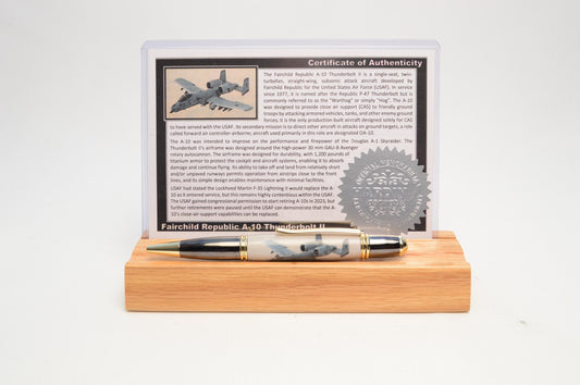 Handcrafted Twist Pen Made With a Small Piece of Aluminum From an A10 Warthog cast in acrylic.