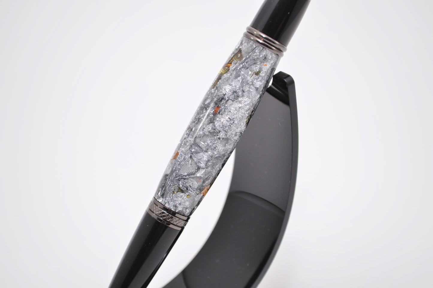 Elegant Satin Chrome and Chrome Twist Pen with Silver & Black Gilding Cast in Clear Acrylic