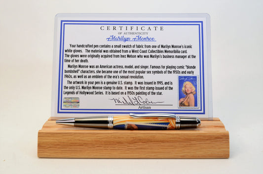 Handcrafted Pen Featuring a Marilyn Monroe US Stamp and a Small Swatch of One of Marilyn Monroe's White Gloves Cast In Acrylic