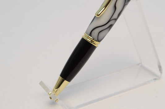Elegant Handcrafted Twist Pen in Striking Black and White Acrylic with Gold and Black Chrome Finish