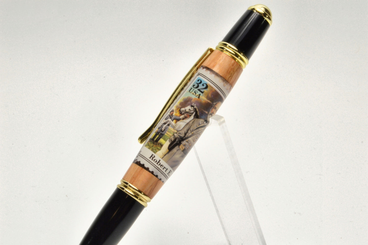 Handcrafted Gettysburg Twist Pen Made With a General Lee U.S. Stamp and Witness Wood in Gold and Black Chrome Finish