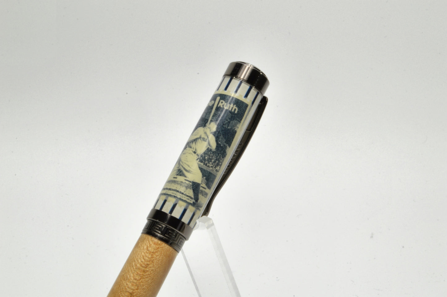 Rollerball Pen made with Wood from a Yankee Stadium Seat and a Babe Ruth Stamp Embedded in Acrylic