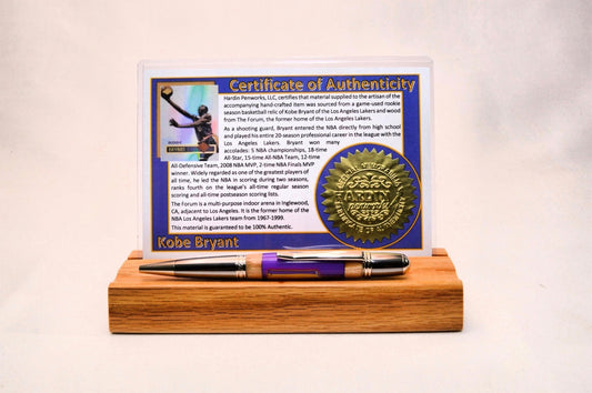 Handcrafted Pen Made With A Piece of A Game Used Basketball Used by Kobe Bryant and Wood From The LA Lakers' Forum Stadium Seat