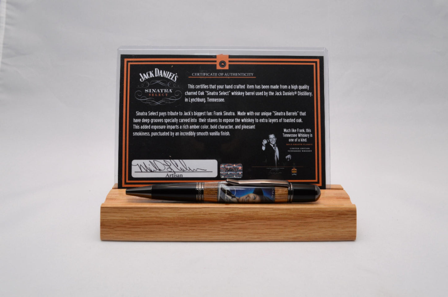 Handcrafted Twist Pen made from Whiskey Barrel and Frank Sinatra Stamp in Gunmetal & Black Chrome Finish