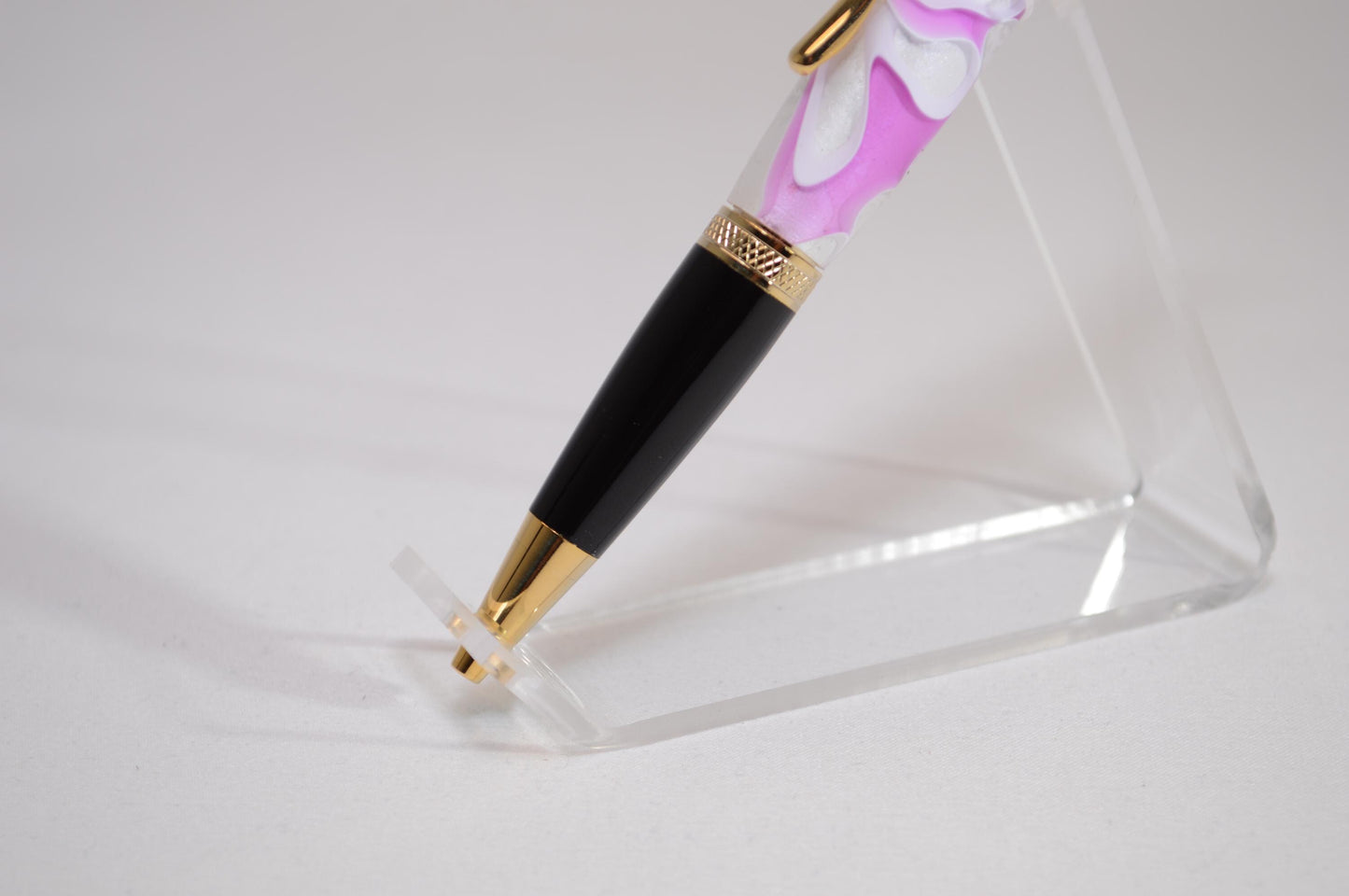 Elegant Handcrafted Twist Pen in Striking Pink/Purple and White Acrylic with Gold and Black Chrome Finish