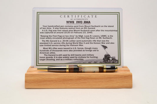 Handcrafted Twist Pen with Sand from Iwo Jima and Wood from M1 Garand Rifle Cast in Acrylic