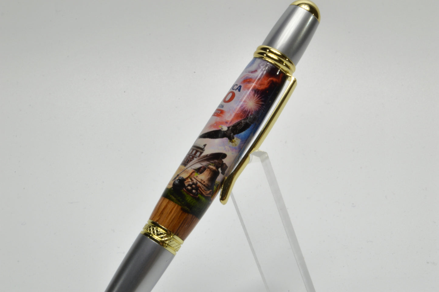 USA 250th Anniversary Label & Independence Hall Wood, Gold & Satin Chrome Finish Twist Pen
