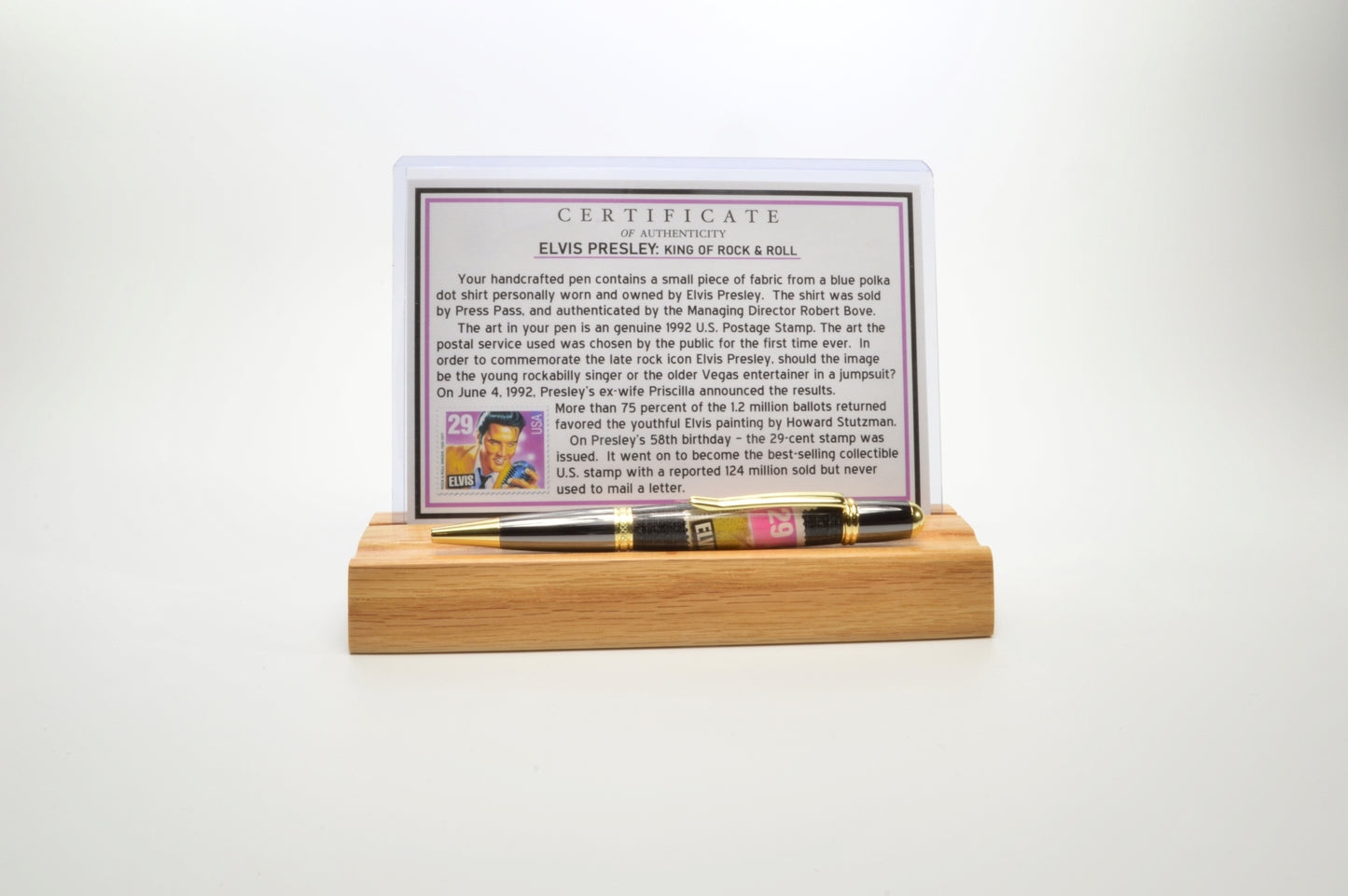 Handcrafted Pen Featuring a 1992 Elvis Stamp and a Small Swatch From an Elvis Worn Shirt Embedded in Acrylic
