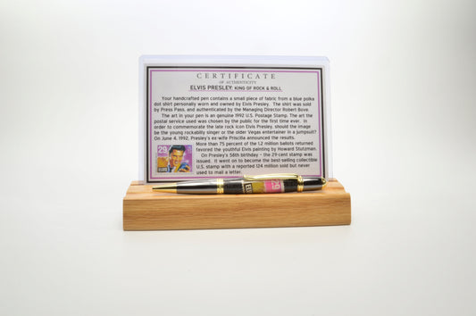 Handcrafted Pen Featuring a 1992 Elvis Stamp and a Small Swatch From an Elvis Worn Shirt Embedded in Acrylic